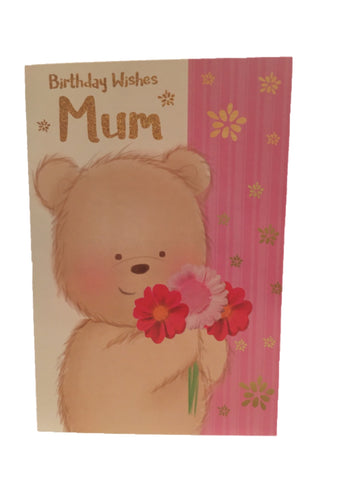 Image of Greeting card birthday wishes mum teddy with flower