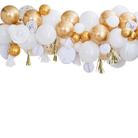 Image of Gold - Mix It Up Metallic Fancy Balloon Garland With Gold Fringe Garland Honeycomb And Fans