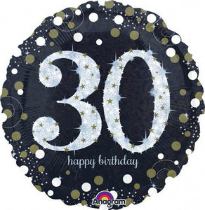 45cm (18'') Round Holographic Sparkling Foil Balloon - 30th Happy Birthday