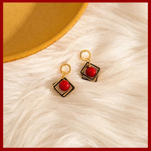 Red Bead Square Frame Earring