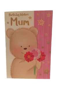 Greeting card birthday wishes mum teddy  with flower 