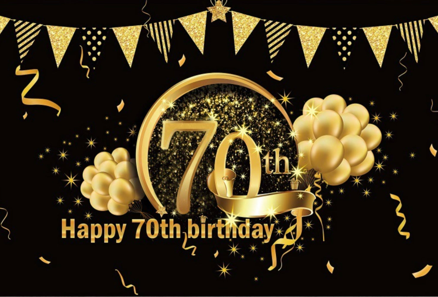 70th Happy Birthday Black Gold Canvas Backdrop