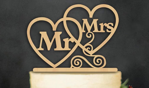 Mr & Mrs In Two Hearts Wooden Cake Topper