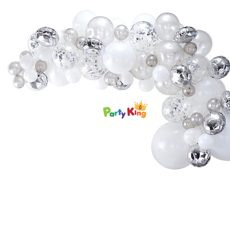 Balloon Garland Arch Silver, White and Confetti