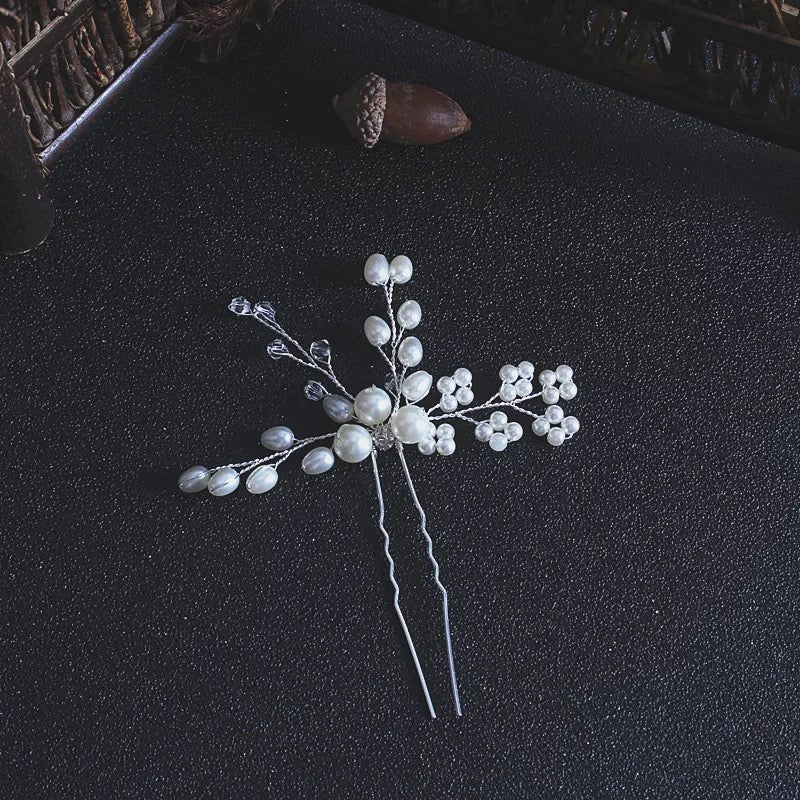Bridal Pearl Flower Crystal T-shape Hairpiece Silver