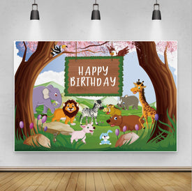 Wood Jungle Happy Birthday Canvas Backdrop