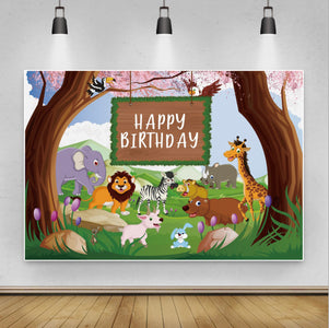 Wood Jungle Happy Birthday Canvas Backdrop