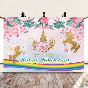 Unicorn Backdrop - Glitter Unicorn with Rainbow Happy Birthday