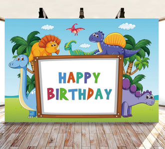 Happy Birthday Colourful Dinosaur Canvas Backdrop