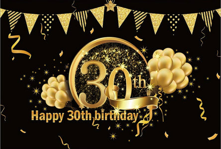 30th Happy Birthday Black Gold Canvas Backdrop