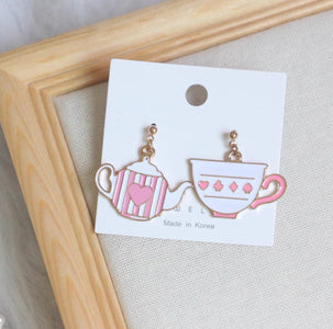 Pink Tea Pot and Tea Cup Un-match Earring
