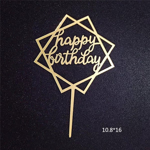 Happy Birthday Double Square Arylic Cake Topper Gold