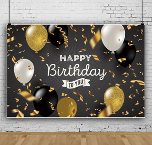 Happy Birthday Black White and Gold Balloons Canvas Backdrop