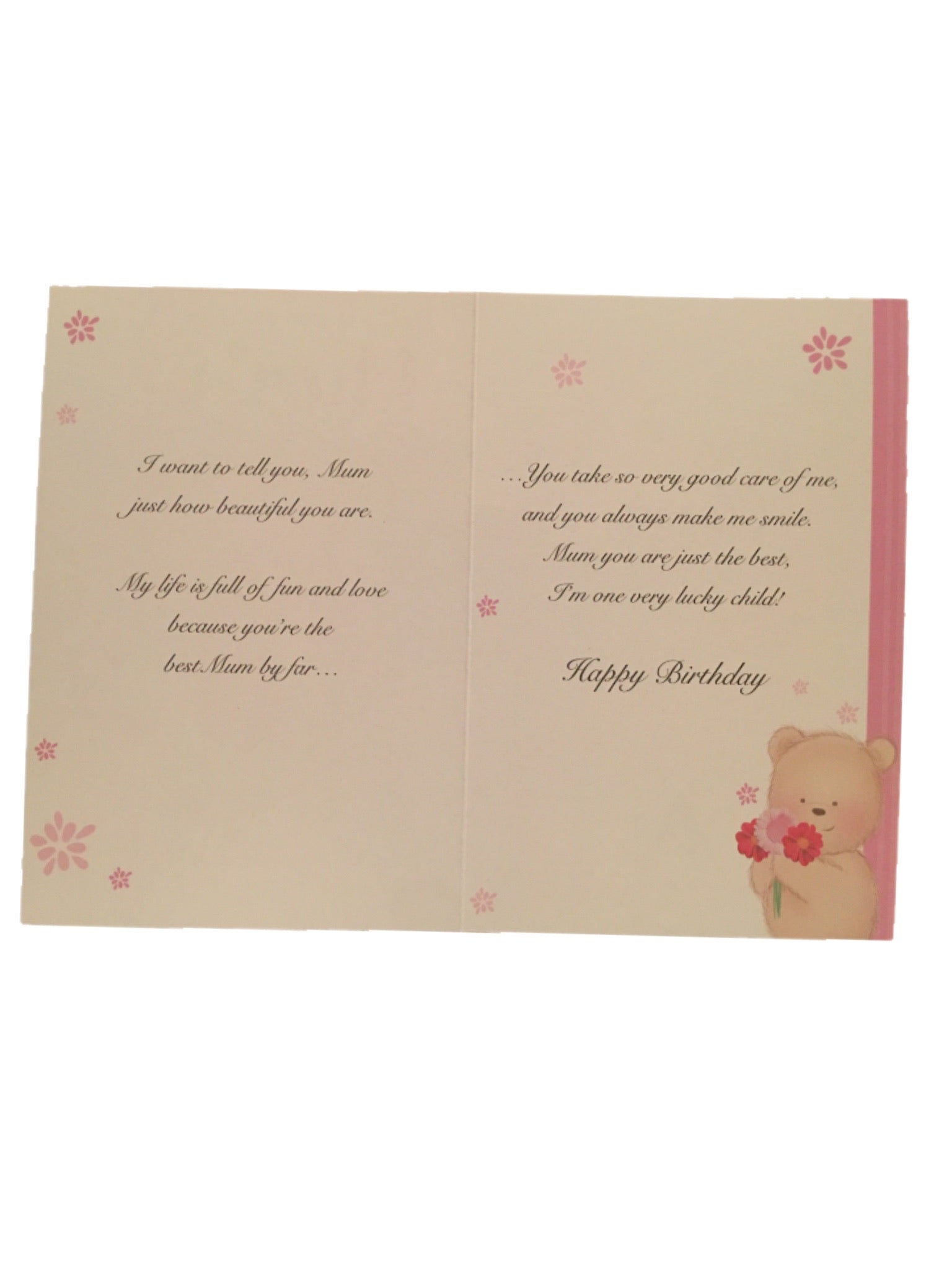 Greeting card birthday wishes mum teddy with flower inside 