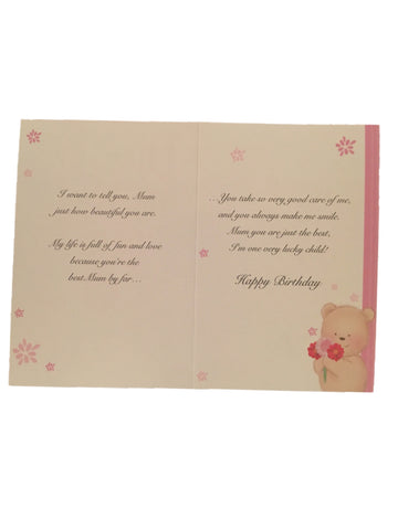 Image of Greeting card birthday wishes mum teddy with flower inside 