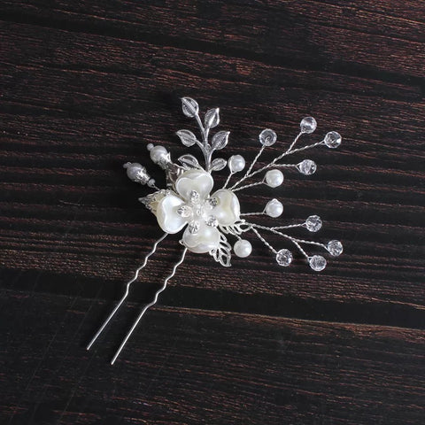 Bridal Pearl Fancy White Flower Crystal Hairpiece Silver