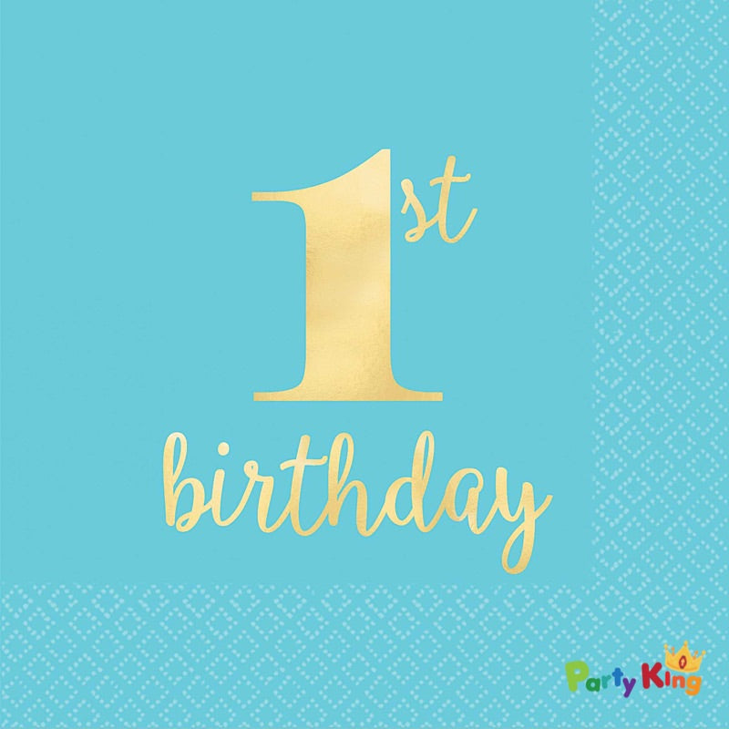 1st Birthday Blue Beverage Napkins Hot-stamped