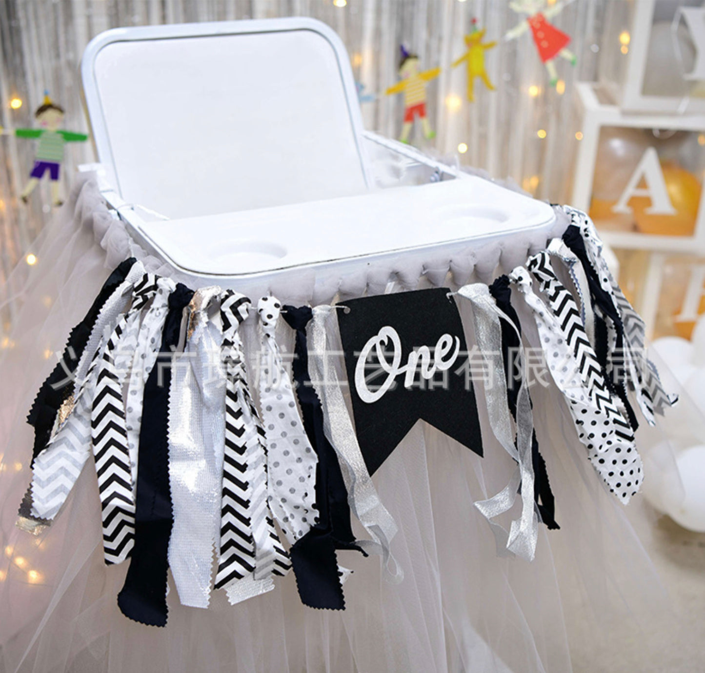 1st Birthday Silver Black High Chair Decoration
