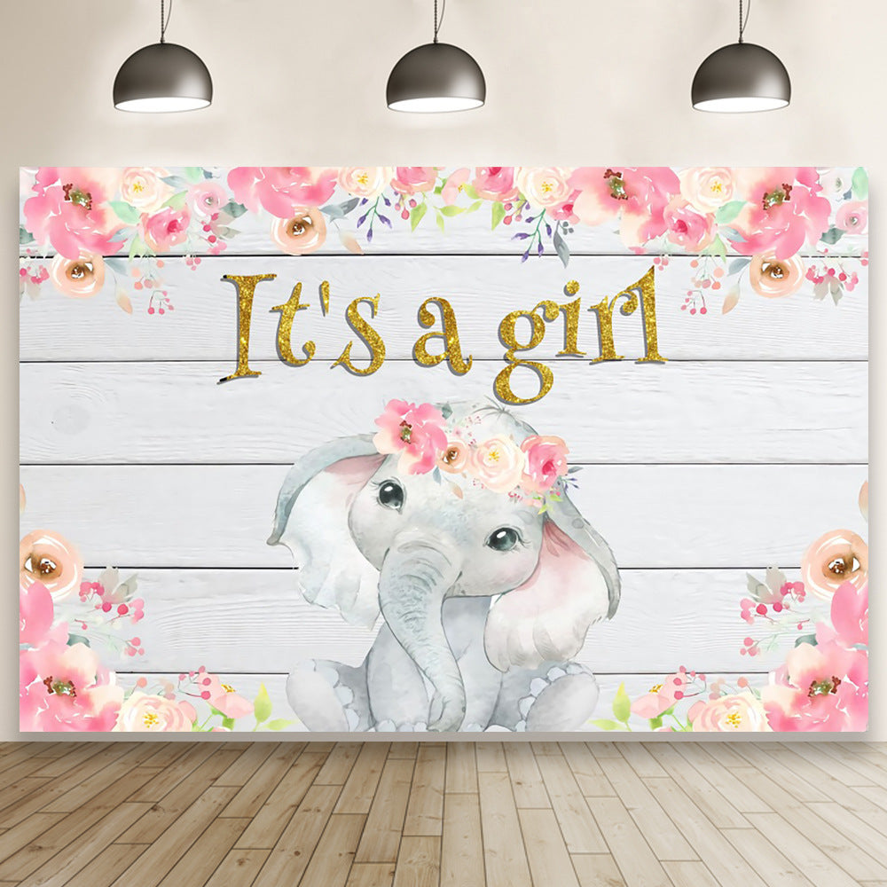 Baby Shower Backdrop - It’s A Girl Elephant & Flower