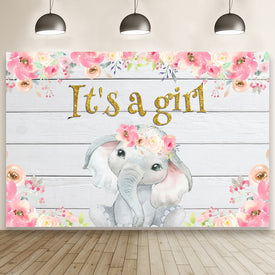 Baby Shower Backdrop - It’s A Girl Elephant & Flower