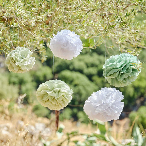 Image of Botanical Baby Sage & White Pom Pom Hanging Decorations